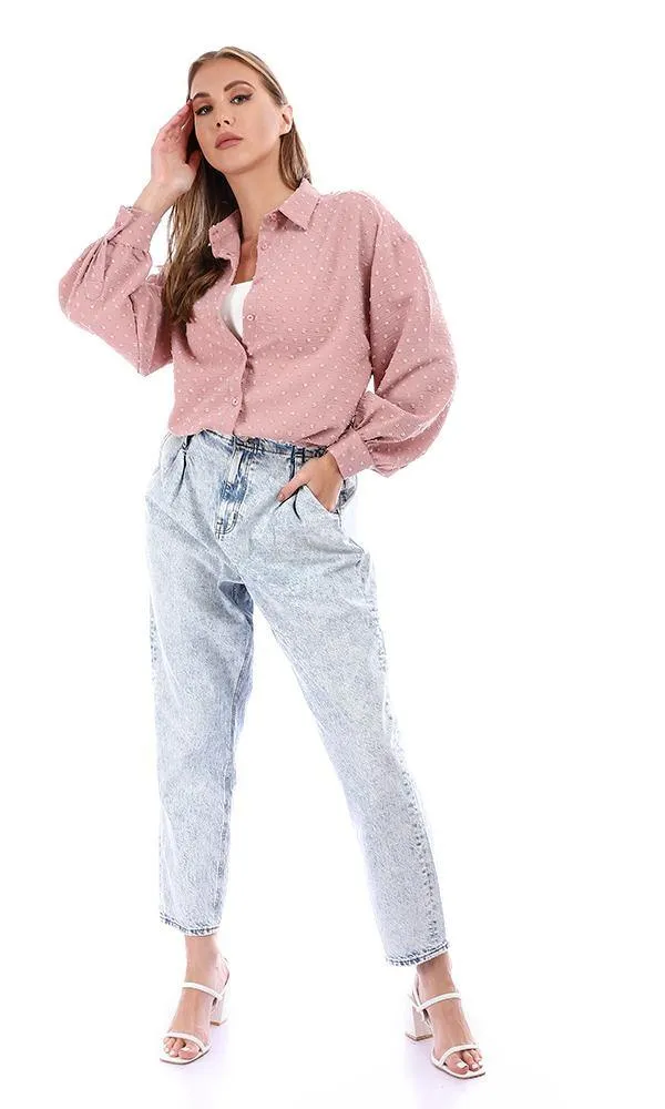 95372 Puffy Sleeves Cotton Button Down Shirt - Pink Blush