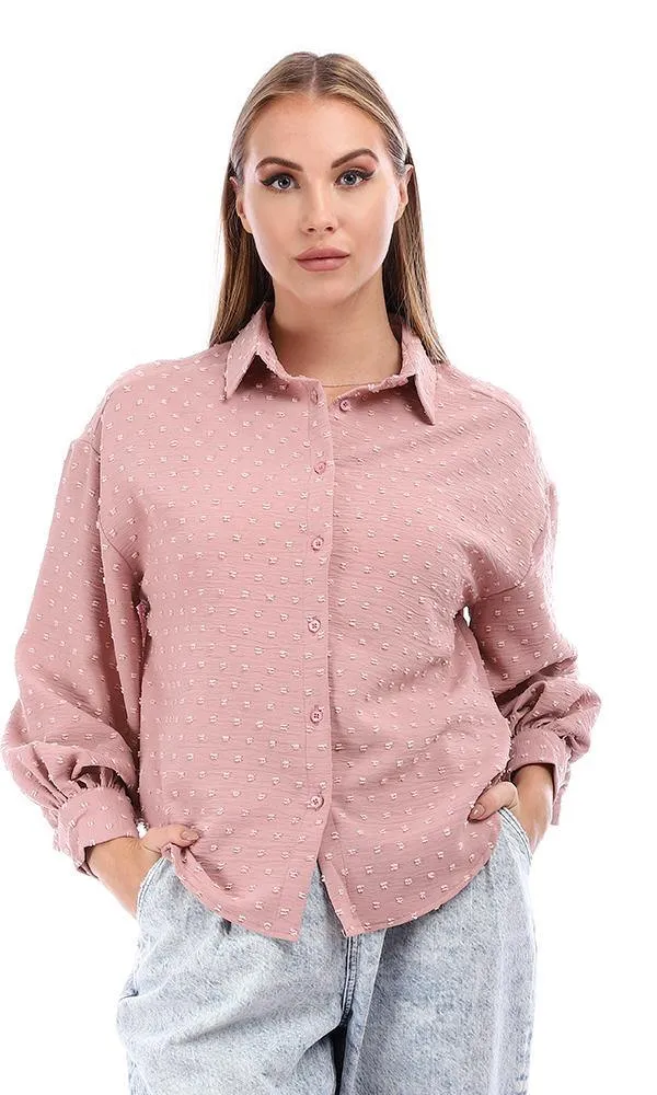 95372 Puffy Sleeves Cotton Button Down Shirt - Pink Blush
