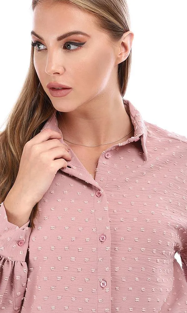 95372 Puffy Sleeves Cotton Button Down Shirt - Pink Blush