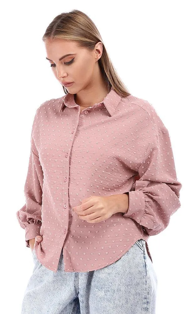 95372 Puffy Sleeves Cotton Button Down Shirt - Pink Blush