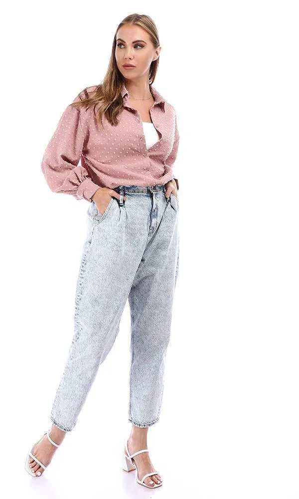 95372 Puffy Sleeves Cotton Button Down Shirt - Pink Blush