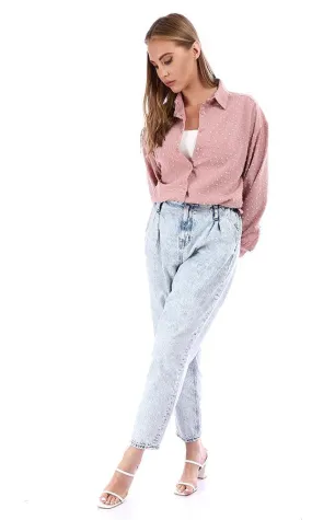 95372 Puffy Sleeves Cotton Button Down Shirt - Pink Blush