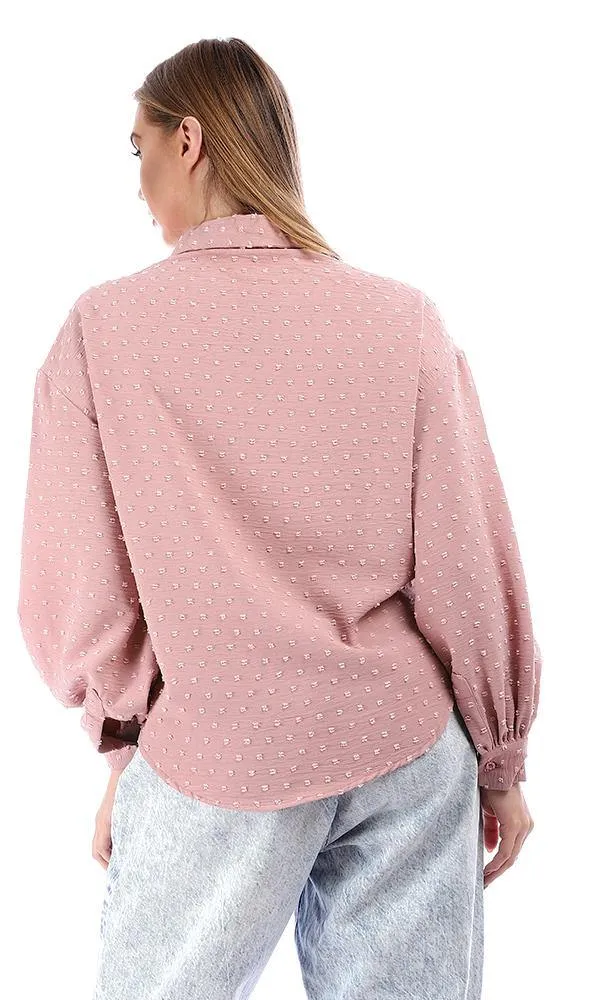 95372 Puffy Sleeves Cotton Button Down Shirt - Pink Blush