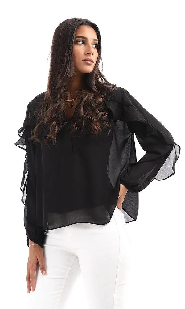 95535 Ruffled Detail V-Neck Black Top