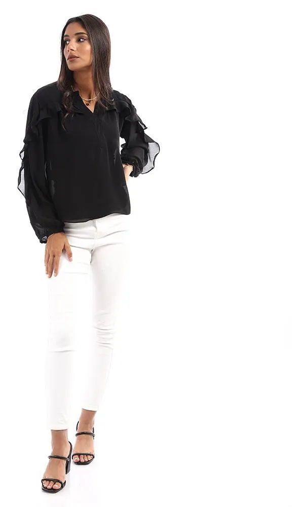 95535 Ruffled Detail V-Neck Black Top