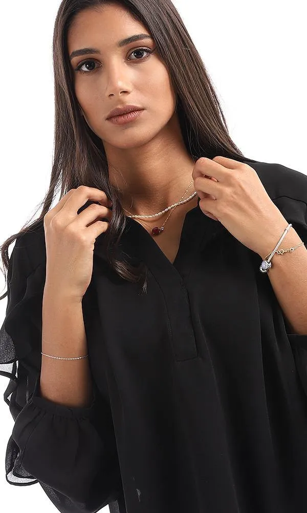 95535 Ruffled Detail V-Neck Black Top