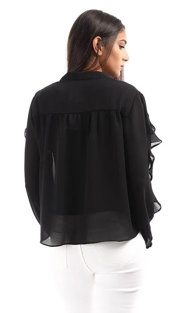 95535 Ruffled Detail V-Neck Black Top
