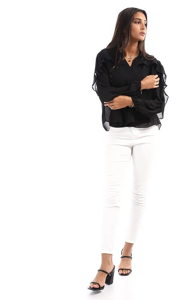 95535 Ruffled Detail V-Neck Black Top