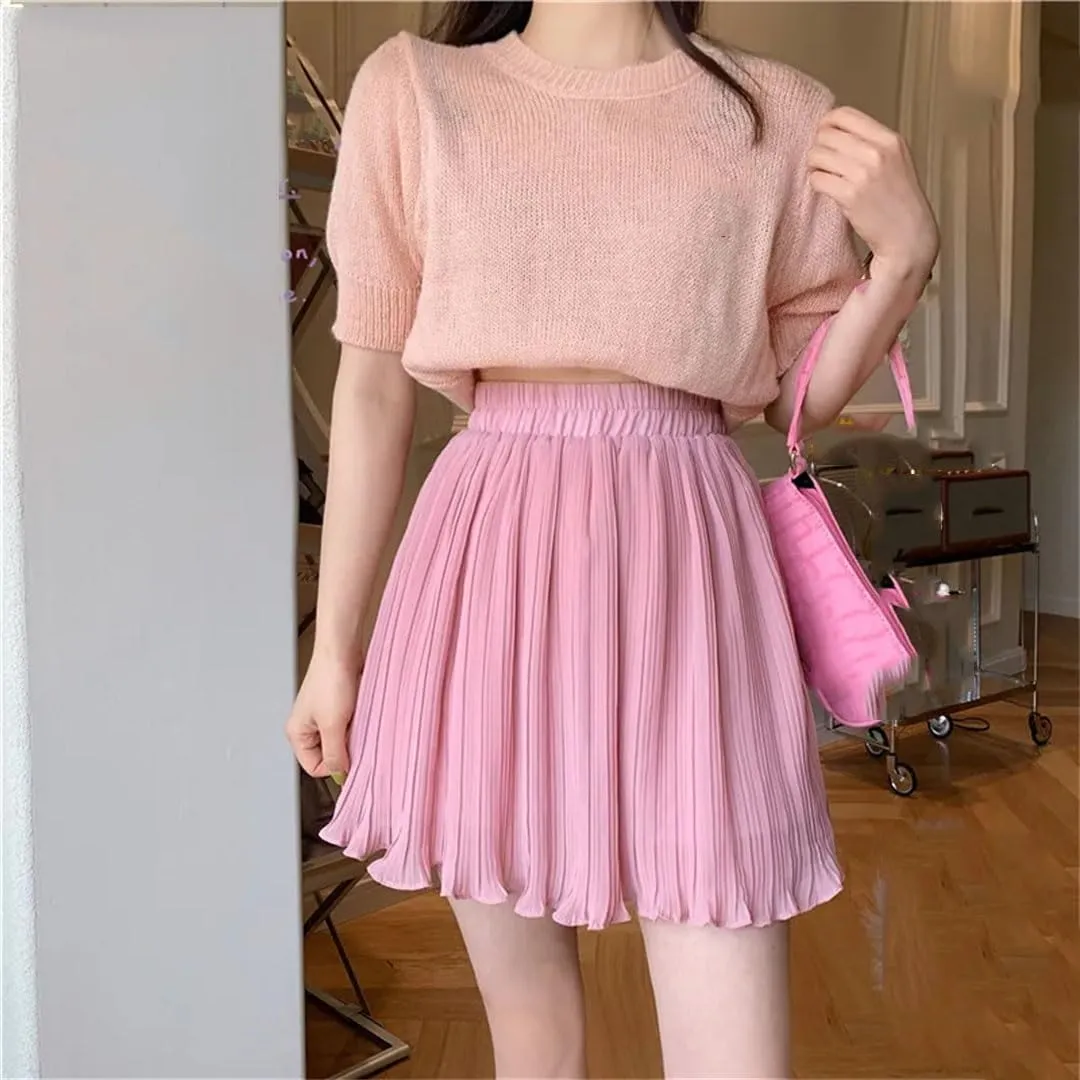 Alloaone Women Pleated Solid Summer Mini Light Soft Slim Bottom Skirts
