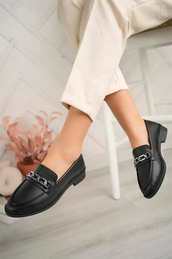 aymood kadin siyah cilt tokali kalin taban pu deri günlük klasik topuklu loafer makosen ayakkabi