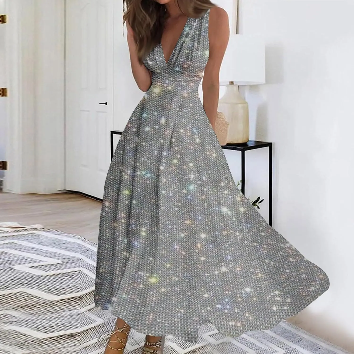 Azeralia Spring Dresses for Women 2024 V-Neck Sleeveless Sun Dress for Beach Vacation Sundresses for Women Plus Size Dresses