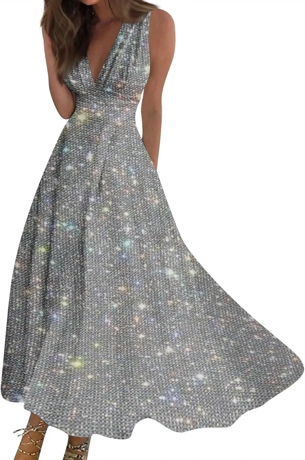 Azeralia Spring Dresses for Women 2024 V-Neck Sleeveless Sun Dress for Beach Vacation Sundresses for Women Plus Size Dresses