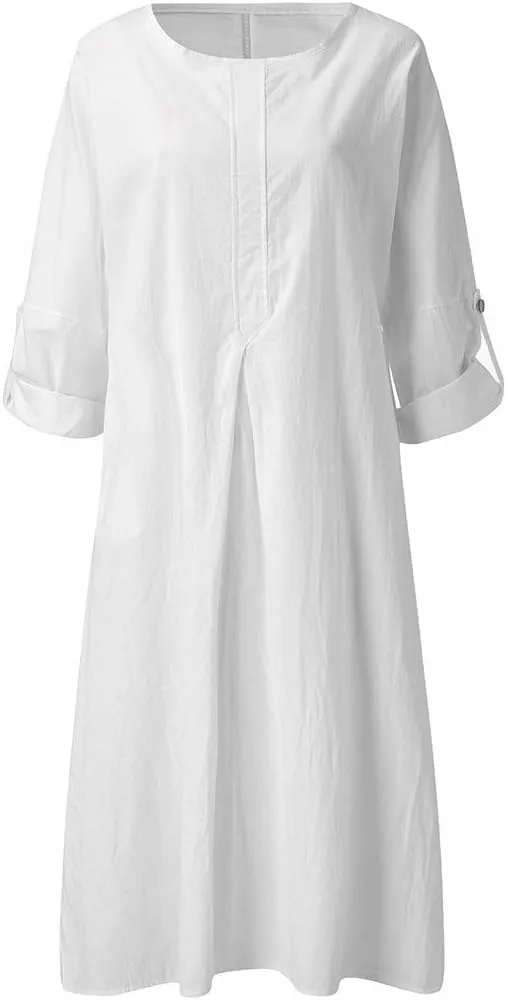 Casual Dresses for Women Cotton Linen Long Sleeve Maxi Dress with Pockets Trendy Solid Crew Neck Loose Summer Dress
