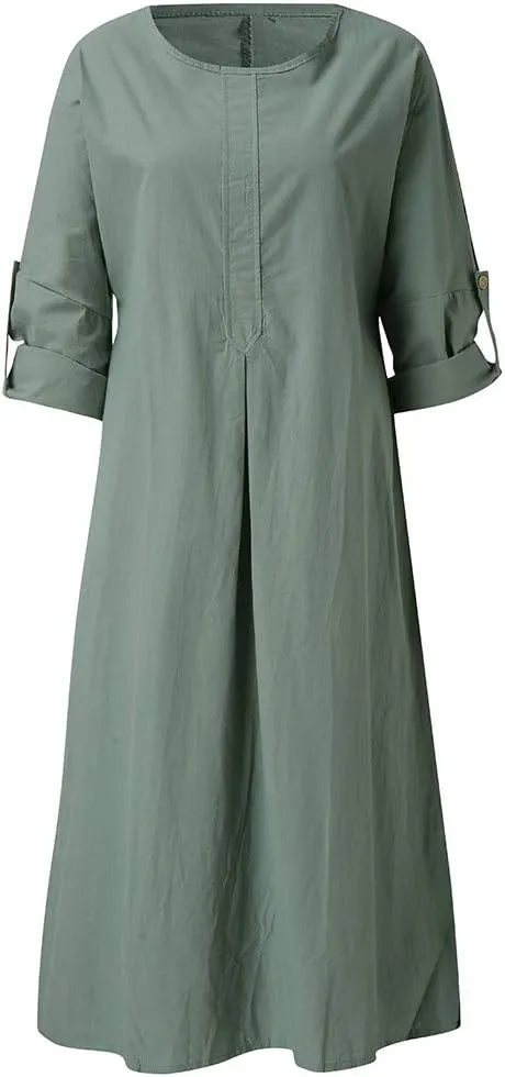 Casual Dresses for Women Cotton Linen Long Sleeve Maxi Dress with Pockets Trendy Solid Crew Neck Loose Summer Dress