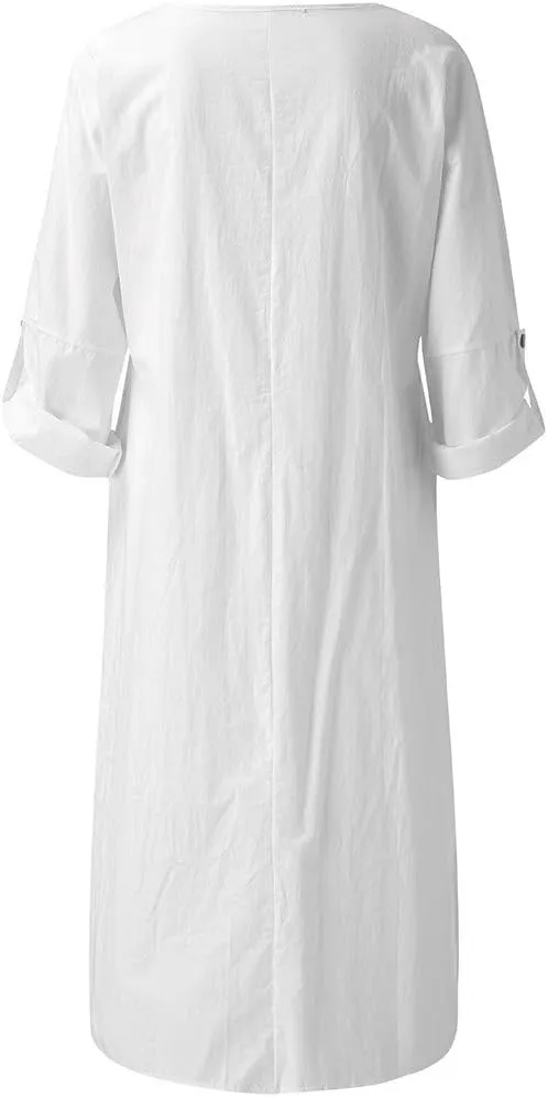 Casual Dresses for Women Cotton Linen Long Sleeve Maxi Dress with Pockets Trendy Solid Crew Neck Loose Summer Dress
