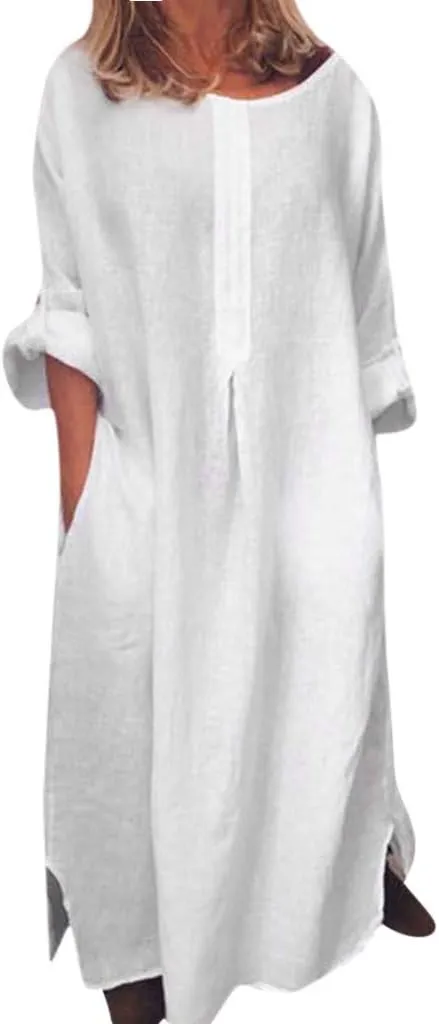 Casual Dresses for Women Cotton Linen Long Sleeve Maxi Dress with Pockets Trendy Solid Crew Neck Loose Summer Dress