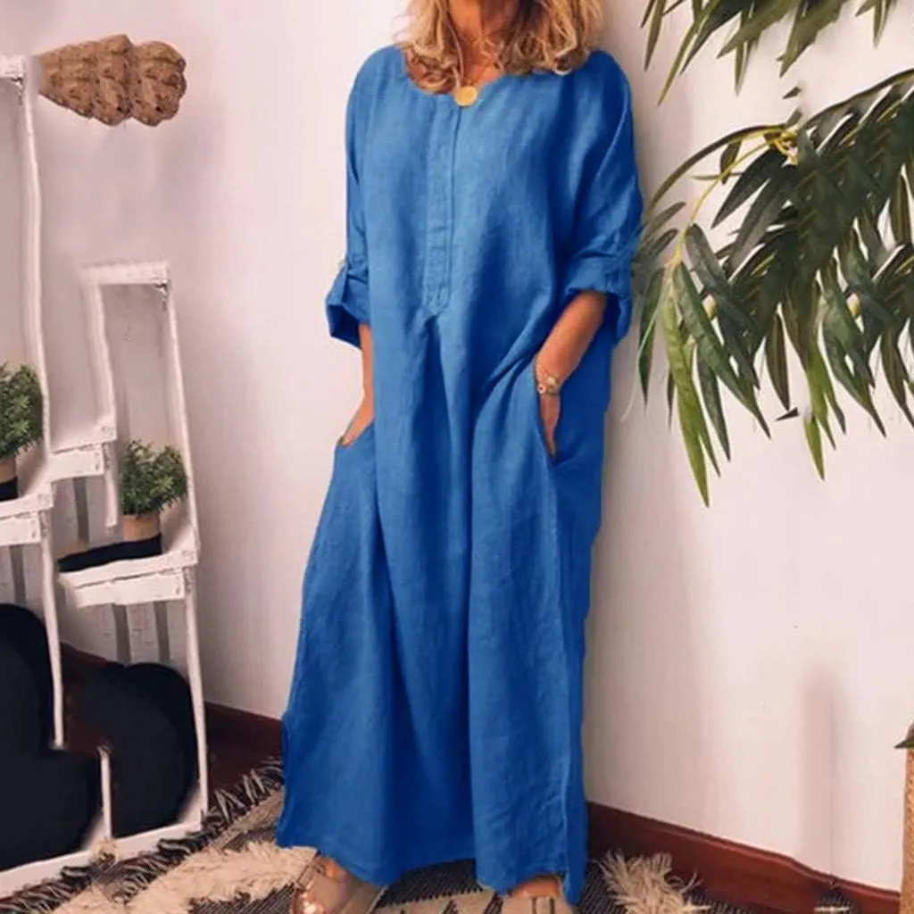 Casual Dresses for Women Cotton Linen Long Sleeve Maxi Dress with Pockets Trendy Solid Crew Neck Loose Summer Dress