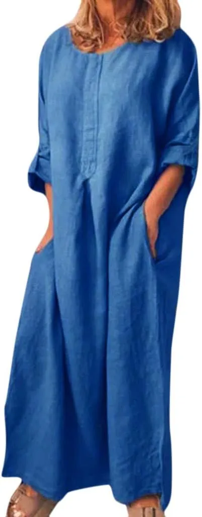 Casual Dresses for Women Cotton Linen Long Sleeve Maxi Dress with Pockets Trendy Solid Crew Neck Loose Summer Dress