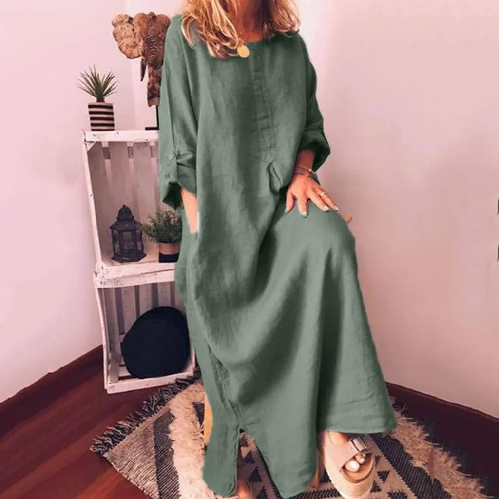 Casual Dresses for Women Cotton Linen Long Sleeve Maxi Dress with Pockets Trendy Solid Crew Neck Loose Summer Dress