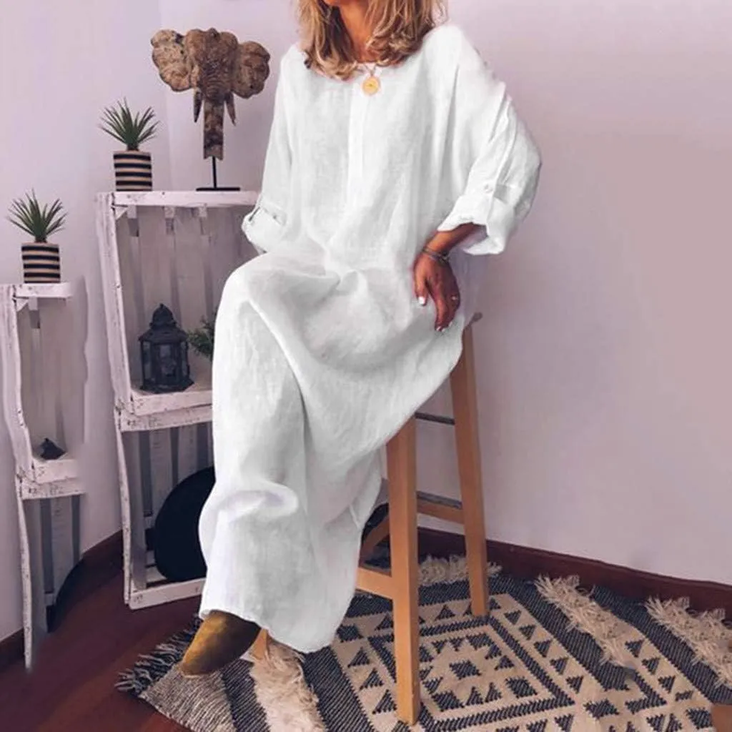 Casual Dresses for Women Cotton Linen Long Sleeve Maxi Dress with Pockets Trendy Solid Crew Neck Loose Summer Dress