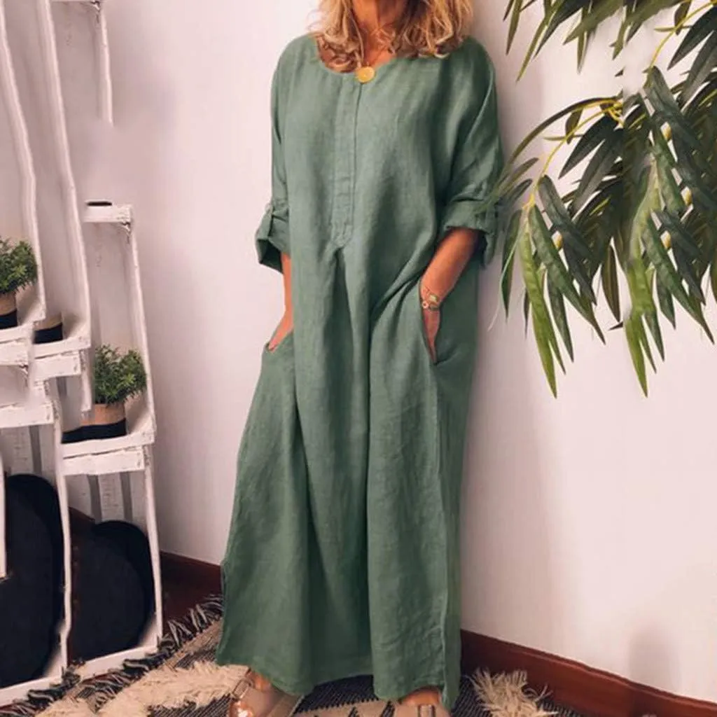 Casual Dresses for Women Cotton Linen Long Sleeve Maxi Dress with Pockets Trendy Solid Crew Neck Loose Summer Dress