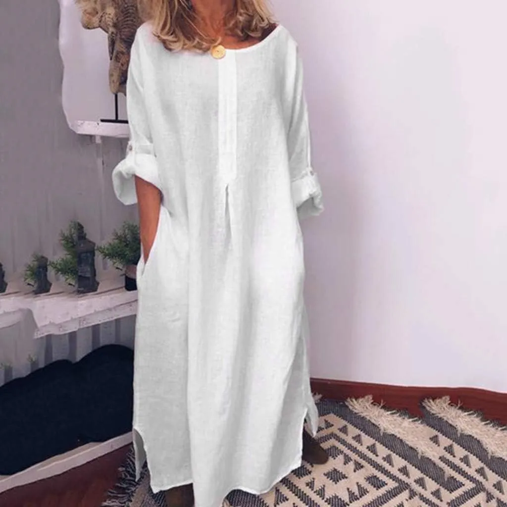 Casual Dresses for Women Cotton Linen Long Sleeve Maxi Dress with Pockets Trendy Solid Crew Neck Loose Summer Dress