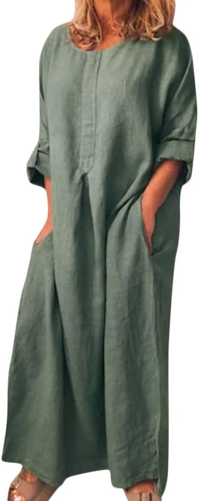 Casual Dresses for Women Cotton Linen Long Sleeve Maxi Dress with Pockets Trendy Solid Crew Neck Loose Summer Dress