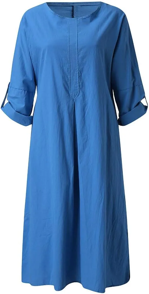 Casual Dresses for Women Cotton Linen Long Sleeve Maxi Dress with Pockets Trendy Solid Crew Neck Loose Summer Dress