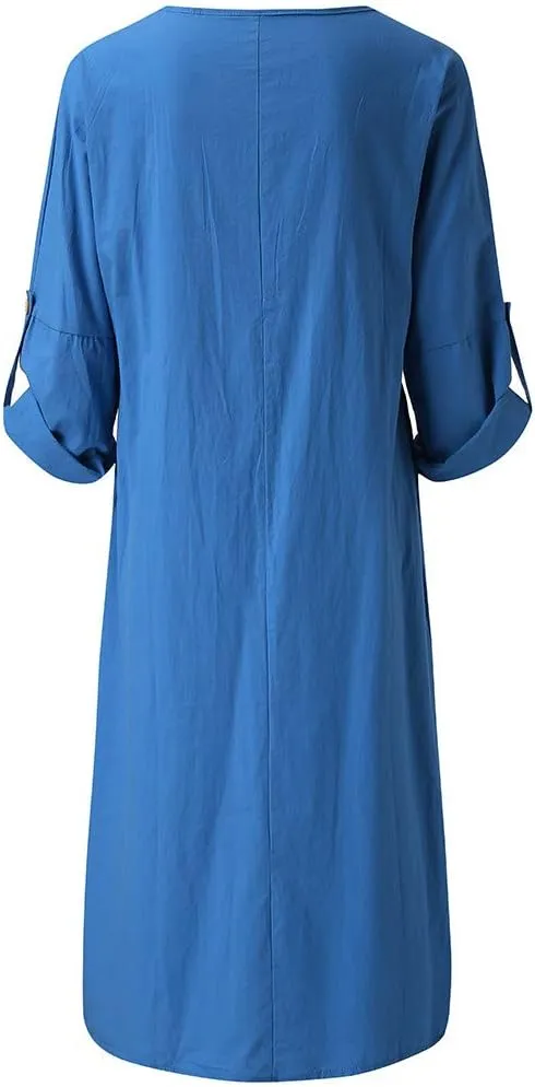 Casual Dresses for Women Cotton Linen Long Sleeve Maxi Dress with Pockets Trendy Solid Crew Neck Loose Summer Dress