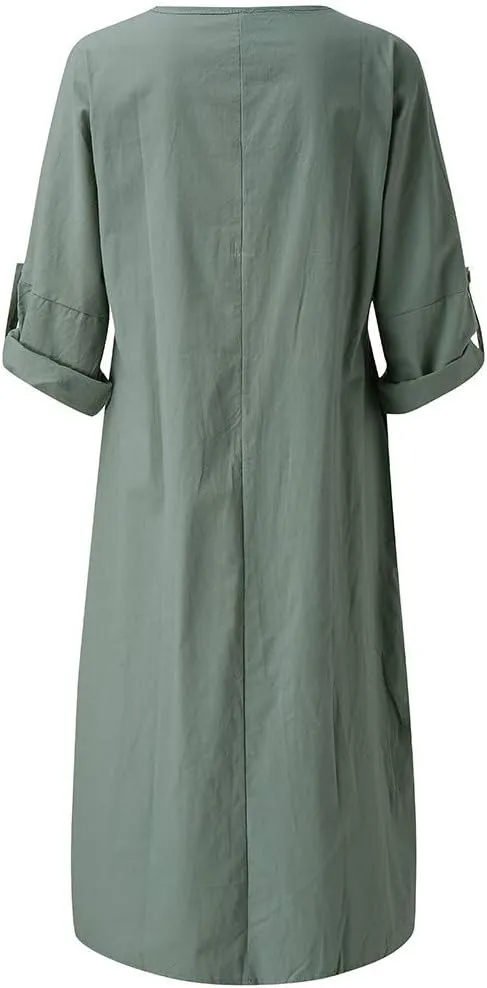 Casual Dresses for Women Cotton Linen Long Sleeve Maxi Dress with Pockets Trendy Solid Crew Neck Loose Summer Dress