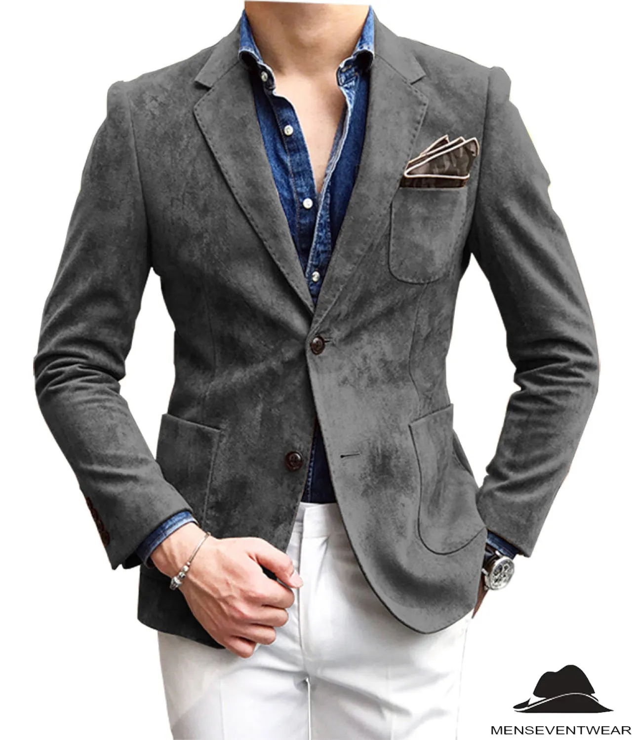 Casual Men's Fashion Suede Notch Lapel Blazer Denim Jacket