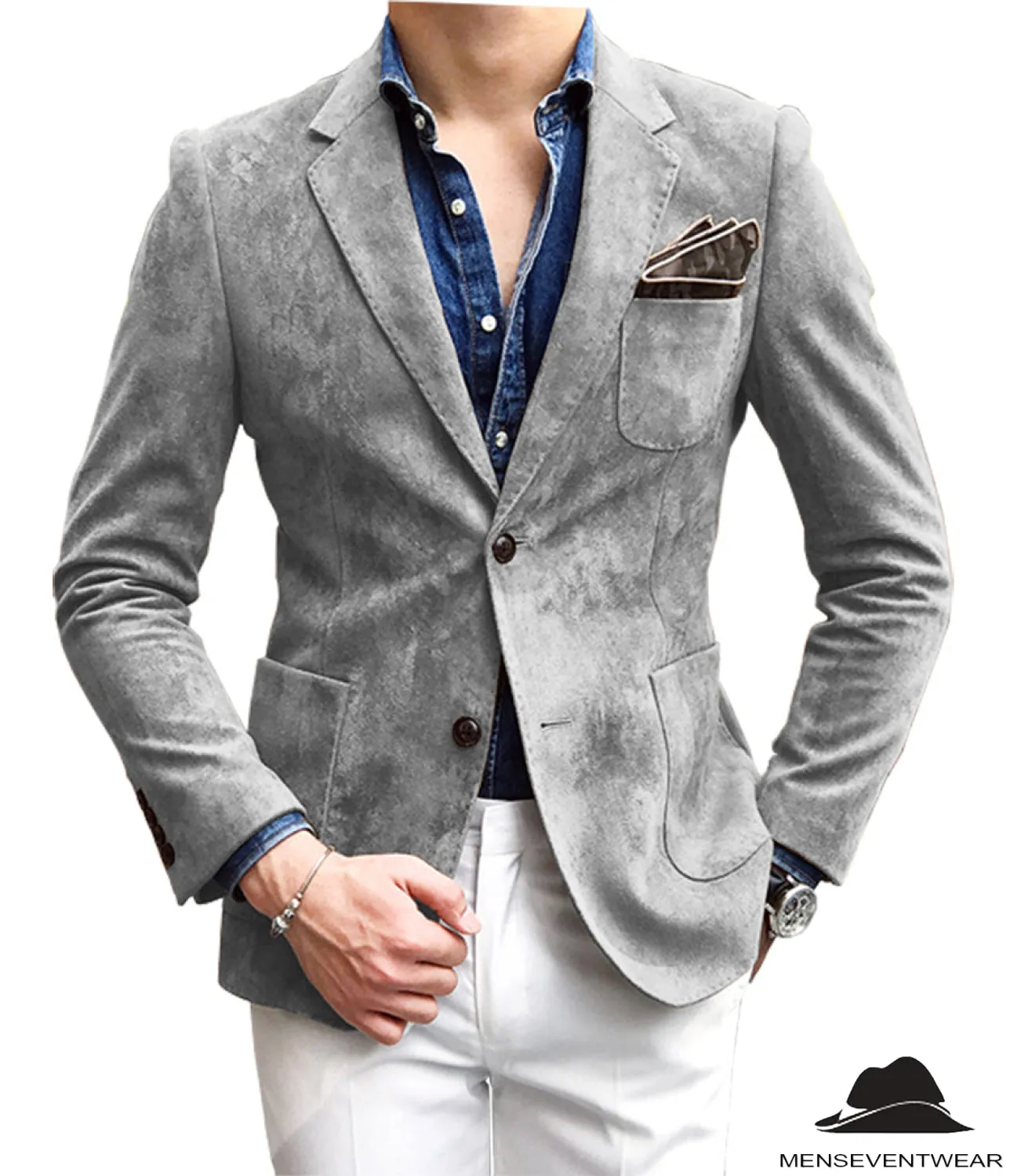 Casual Men's Fashion Suede Notch Lapel Blazer Denim Jacket