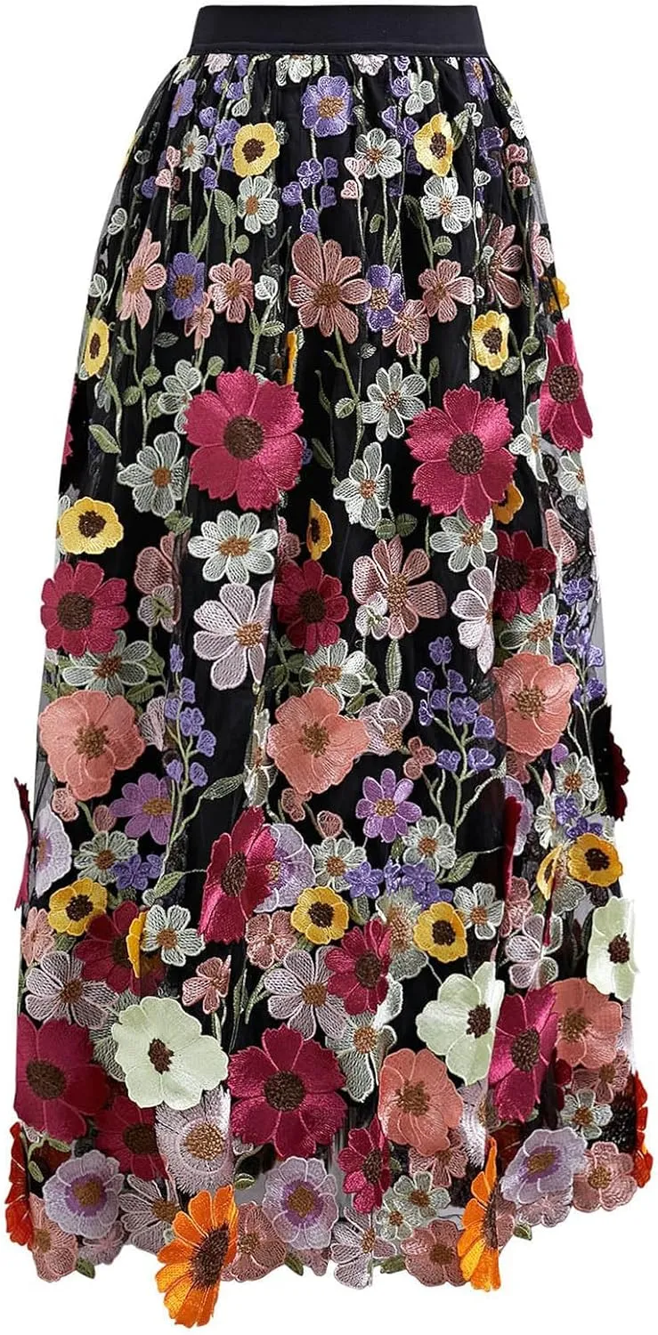 CHICWISH Women 3D Floral Applique Embroidery Maxi Skirt Elastic High Waist A-Line Garden Party Mesh Tulle Skirt