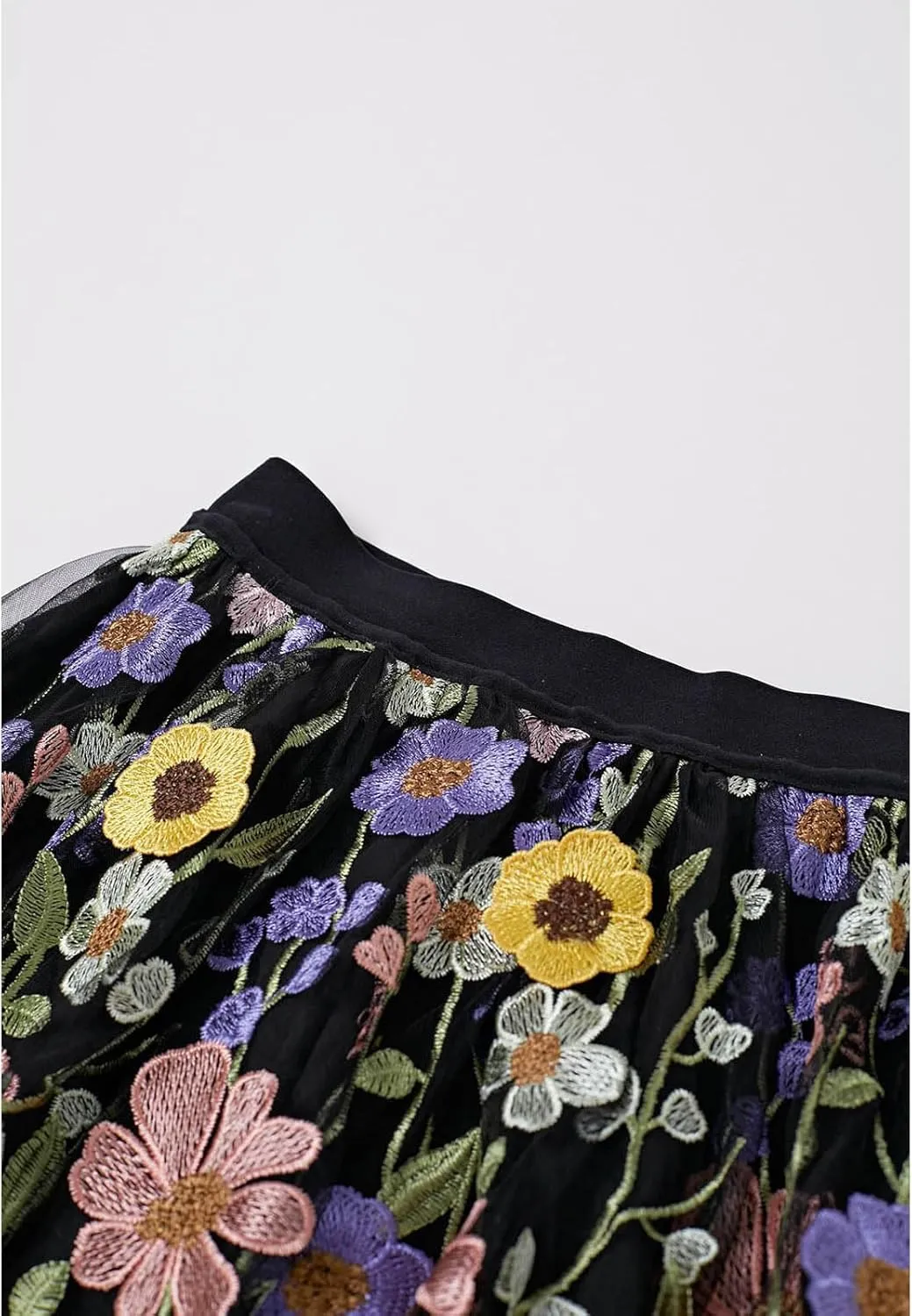 CHICWISH Women 3D Floral Applique Embroidery Maxi Skirt Elastic High Waist A-Line Garden Party Mesh Tulle Skirt