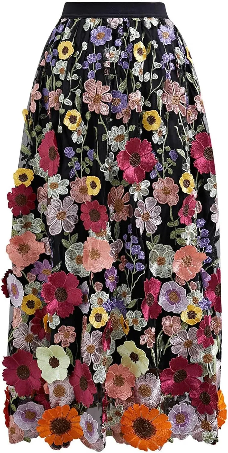 CHICWISH Women 3D Floral Applique Embroidery Maxi Skirt Elastic High Waist A-Line Garden Party Mesh Tulle Skirt