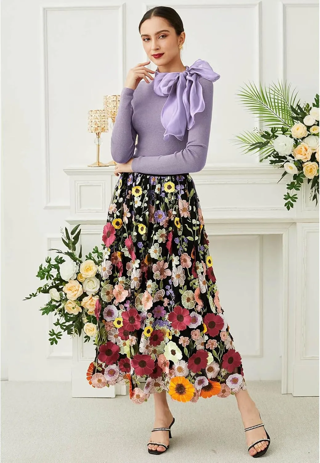 CHICWISH Women 3D Floral Applique Embroidery Maxi Skirt Elastic High Waist A-Line Garden Party Mesh Tulle Skirt