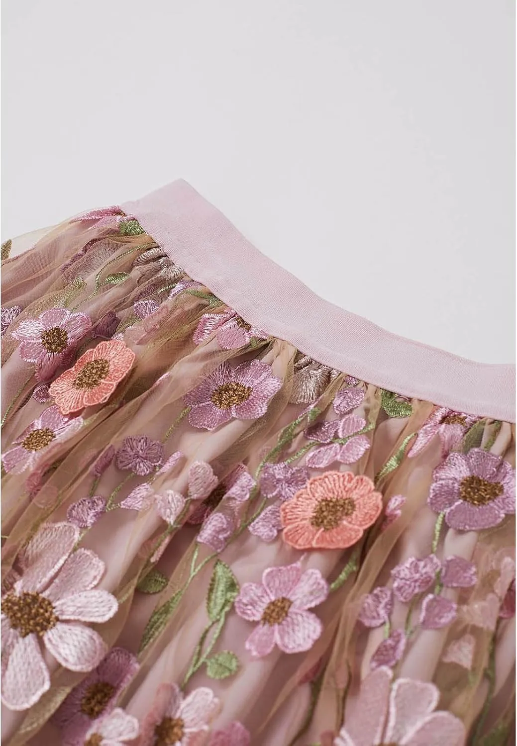 CHICWISH Women 3D Floral Applique Embroidery Maxi Skirt Elastic High Waist A-Line Garden Party Mesh Tulle Skirt