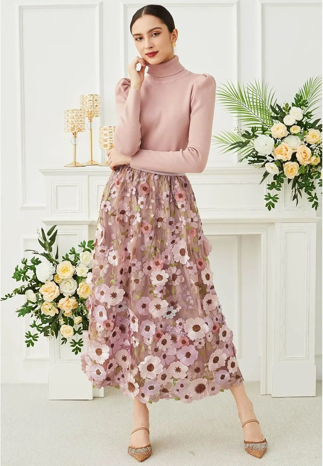 CHICWISH Women 3D Floral Applique Embroidery Maxi Skirt Elastic High Waist A-Line Garden Party Mesh Tulle Skirt
