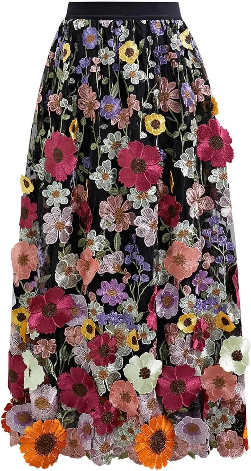 CHICWISH Women 3D Floral Applique Embroidery Maxi Skirt Elastic High Waist A-Line Garden Party Mesh Tulle Skirt