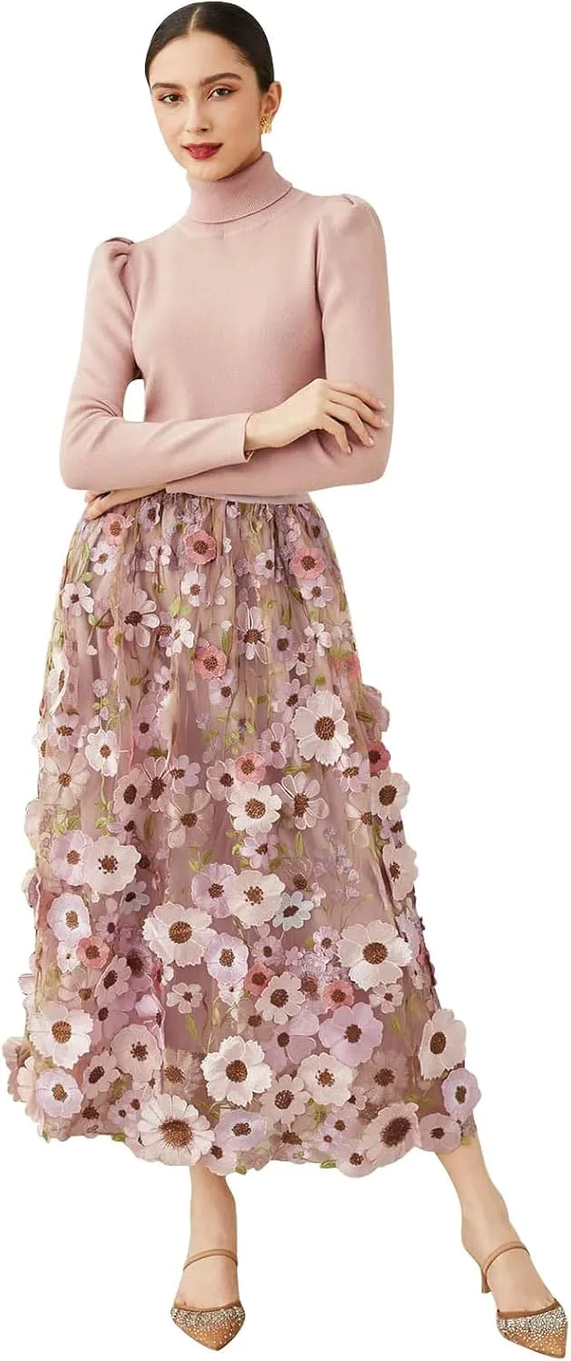 CHICWISH Women 3D Floral Applique Embroidery Maxi Skirt Elastic High Waist A-Line Garden Party Mesh Tulle Skirt