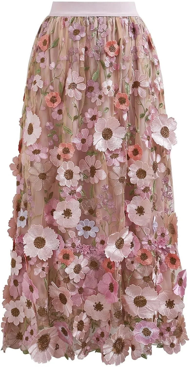 CHICWISH Women 3D Floral Applique Embroidery Maxi Skirt Elastic High Waist A-Line Garden Party Mesh Tulle Skirt