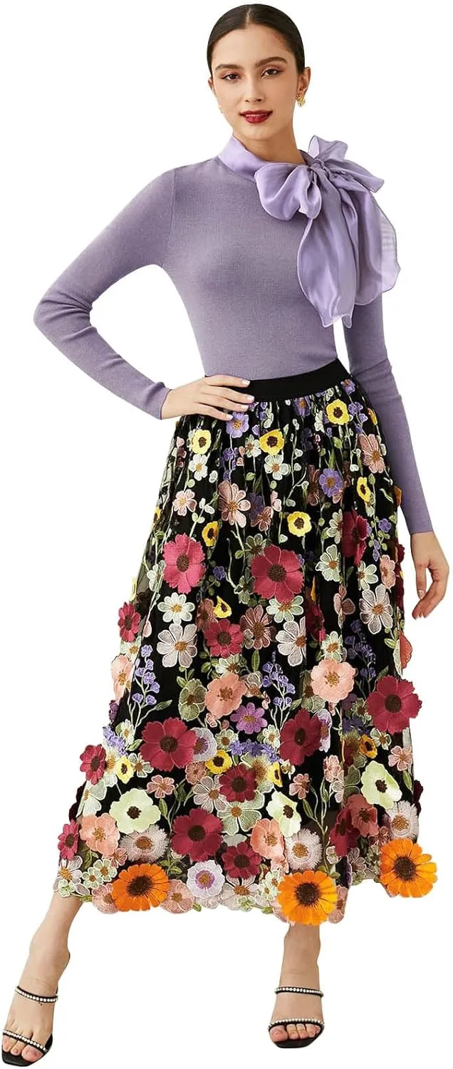 CHICWISH Women 3D Floral Applique Embroidery Maxi Skirt Elastic High Waist A-Line Garden Party Mesh Tulle Skirt