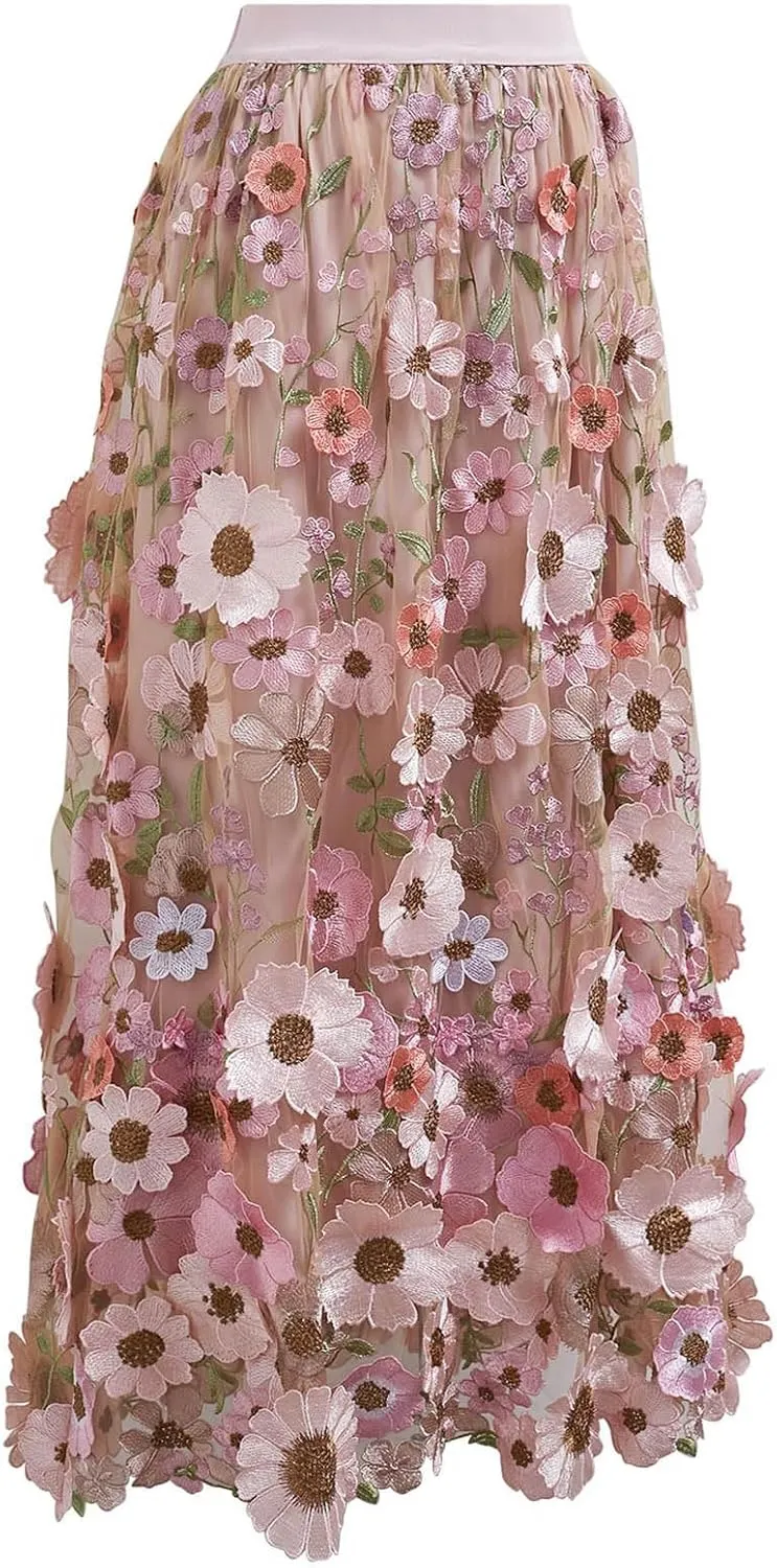 CHICWISH Women 3D Floral Applique Embroidery Maxi Skirt Elastic High Waist A-Line Garden Party Mesh Tulle Skirt