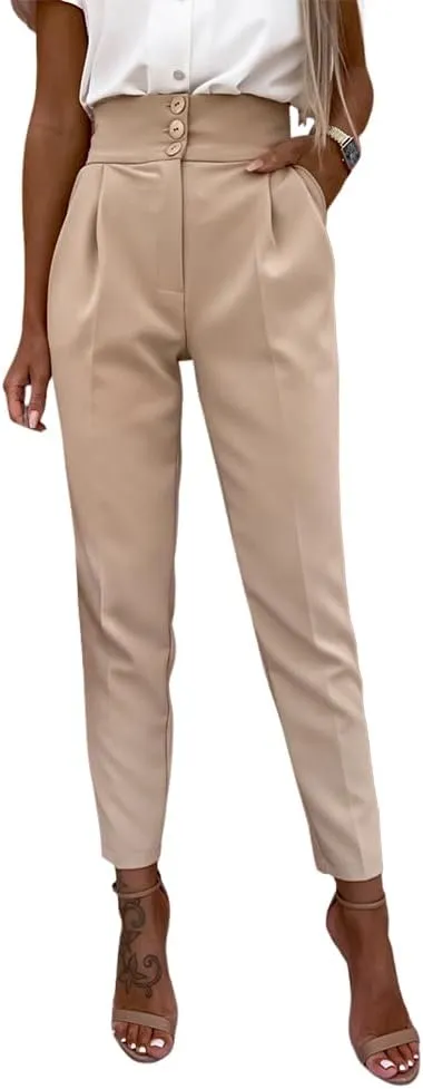 Cicy Bell Women Casual High Waisted Pants Straight Leg Work Office Dress Pants Fold Pleated Trousers with Pockets
