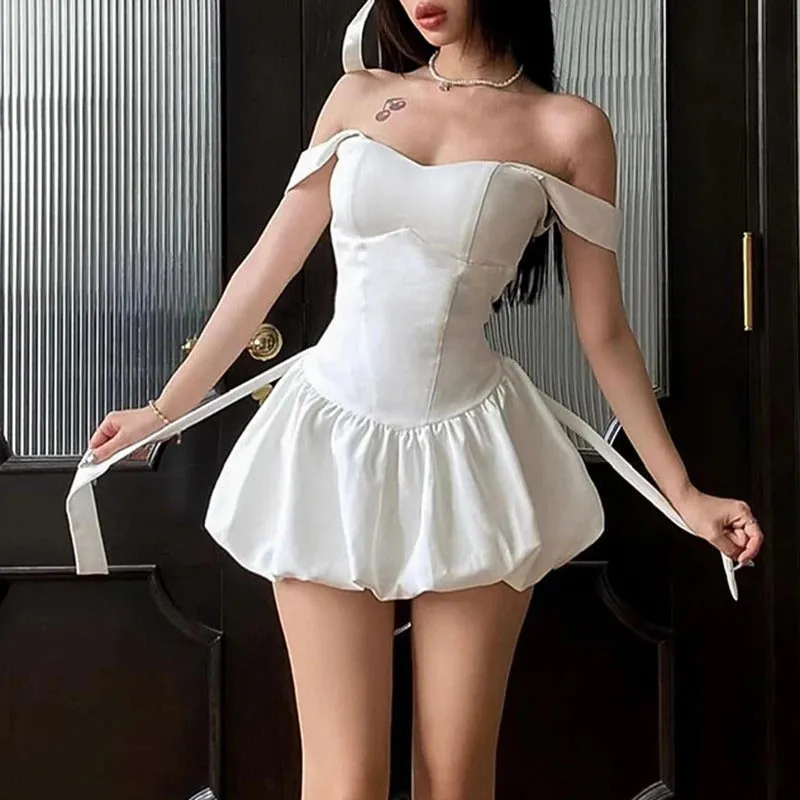 Darlingaga Fashion Chic Satin Party Dress Mini White Bud Spaghetti Strap Corset Sexy Summer Dresses Women Tie-Up Bow Sundress