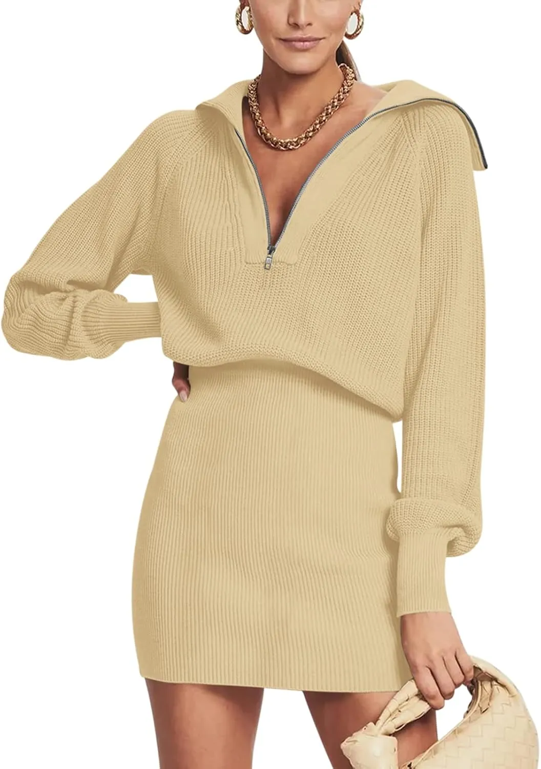 DEEP SELF Women's Casual Long Sleeve Bodycon Sweater Dresses Fall Half Zip V Neck Slim Fit Ribbed Knitted Mini Dress