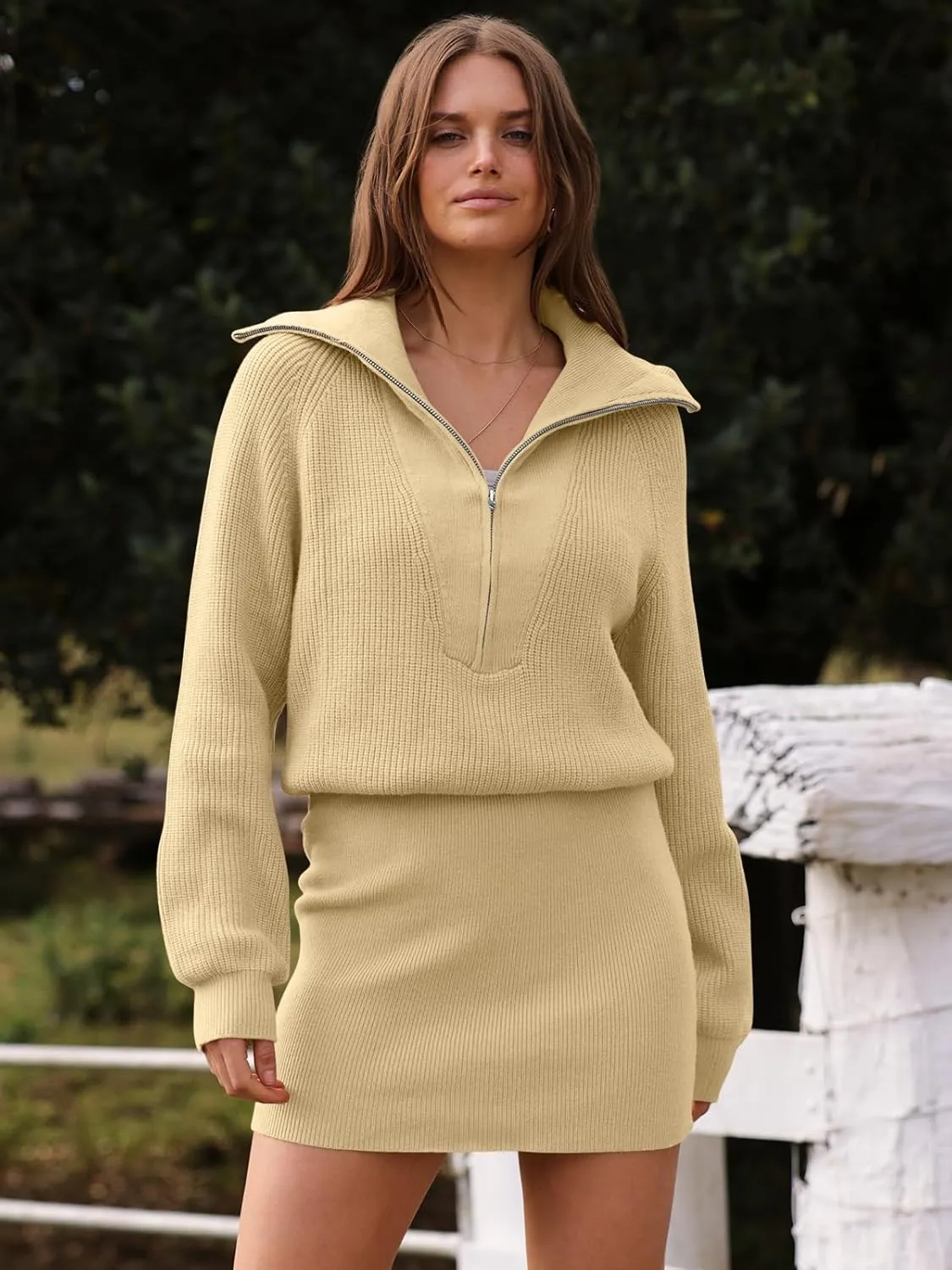 DEEP SELF Women's Casual Long Sleeve Bodycon Sweater Dresses Fall Half Zip V Neck Slim Fit Ribbed Knitted Mini Dress