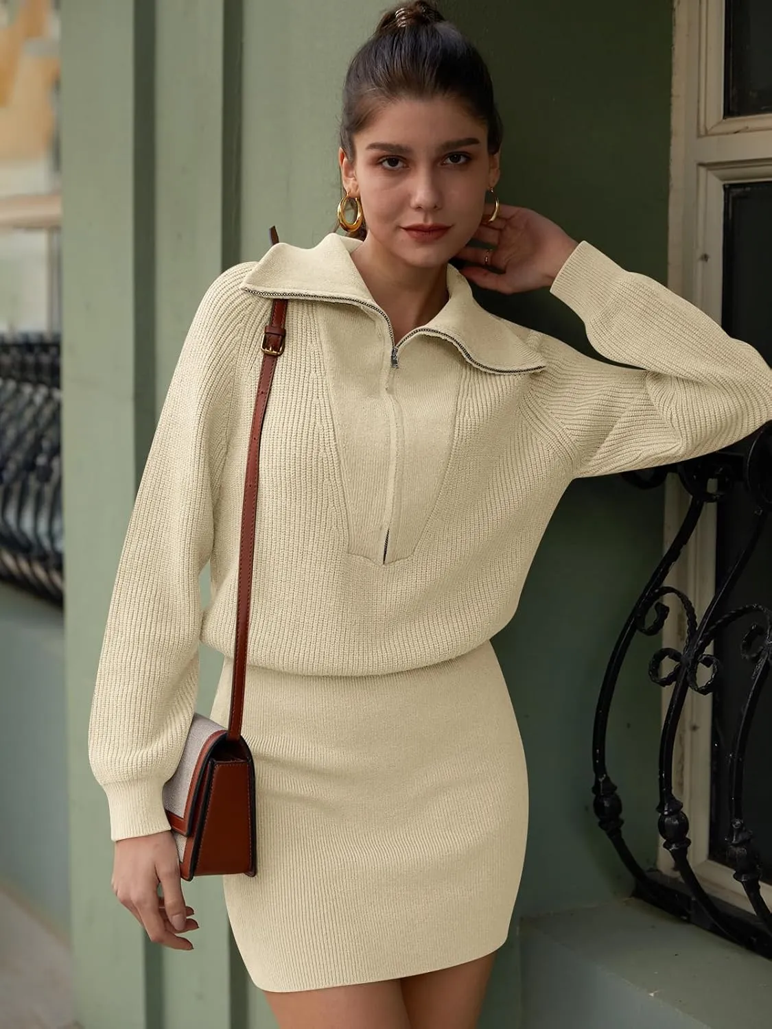 DEEP SELF Women's Casual Long Sleeve Bodycon Sweater Dresses Fall Half Zip V Neck Slim Fit Ribbed Knitted Mini Dress