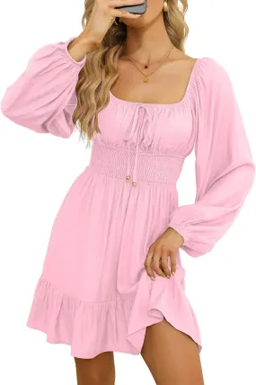 Dokotoo Womens Dresses Square Neck Long Puff Sleeve Elastic Waist A-Line Casual Mini Dress