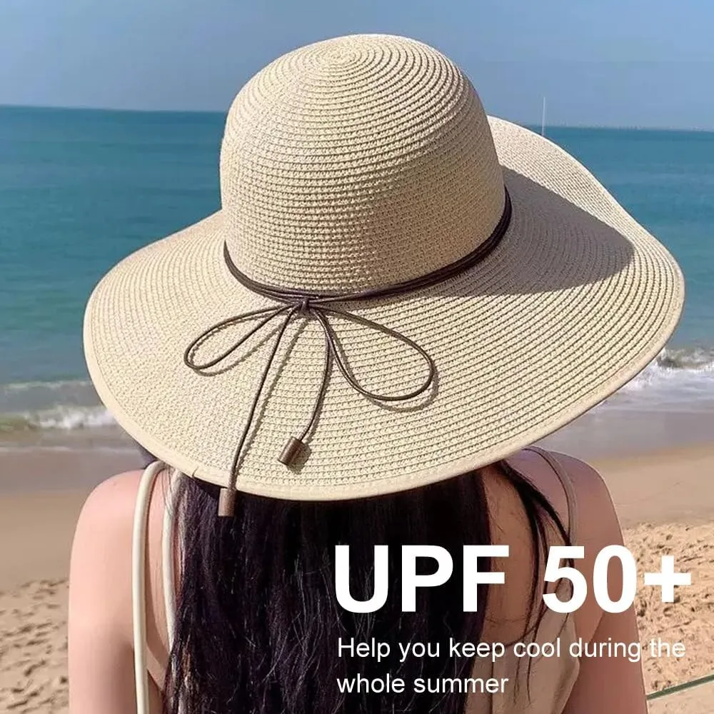 DRESHOW Beach Hats for Women Big Straw Wide Brim Summer Hat Floppy Foldable Roll up Cap Sun Hat UPF 50 